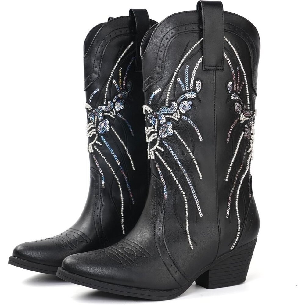 Women's Black Mid Calf Western Pointed Toe Embroidered Chunky Heel Cowgirl Boots